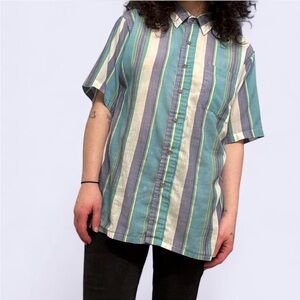 Vintage 90s Arrow Sport Striped Button Up Shirt Mens Large Teal Purple